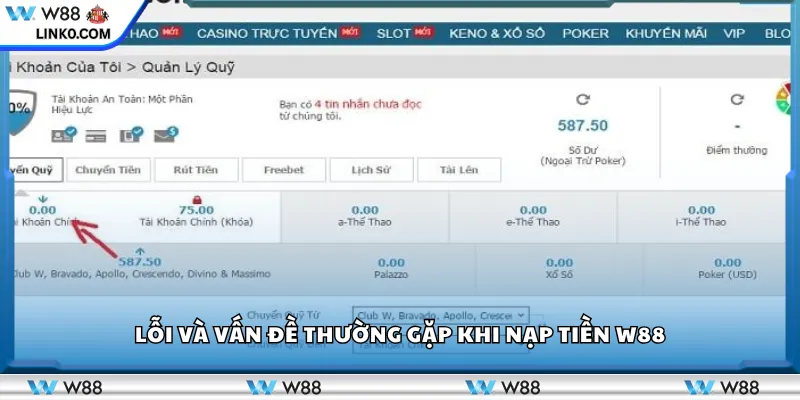 Lỗi và vấn đề thường gặp khi nạp tiền W88